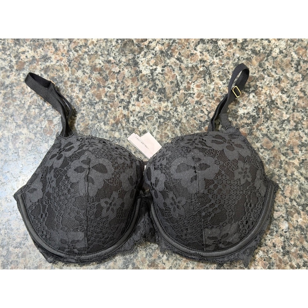 Victorias Secret Dream Angels Black Lace Lined Demi Bra 32DDD Underwire Eyelash
